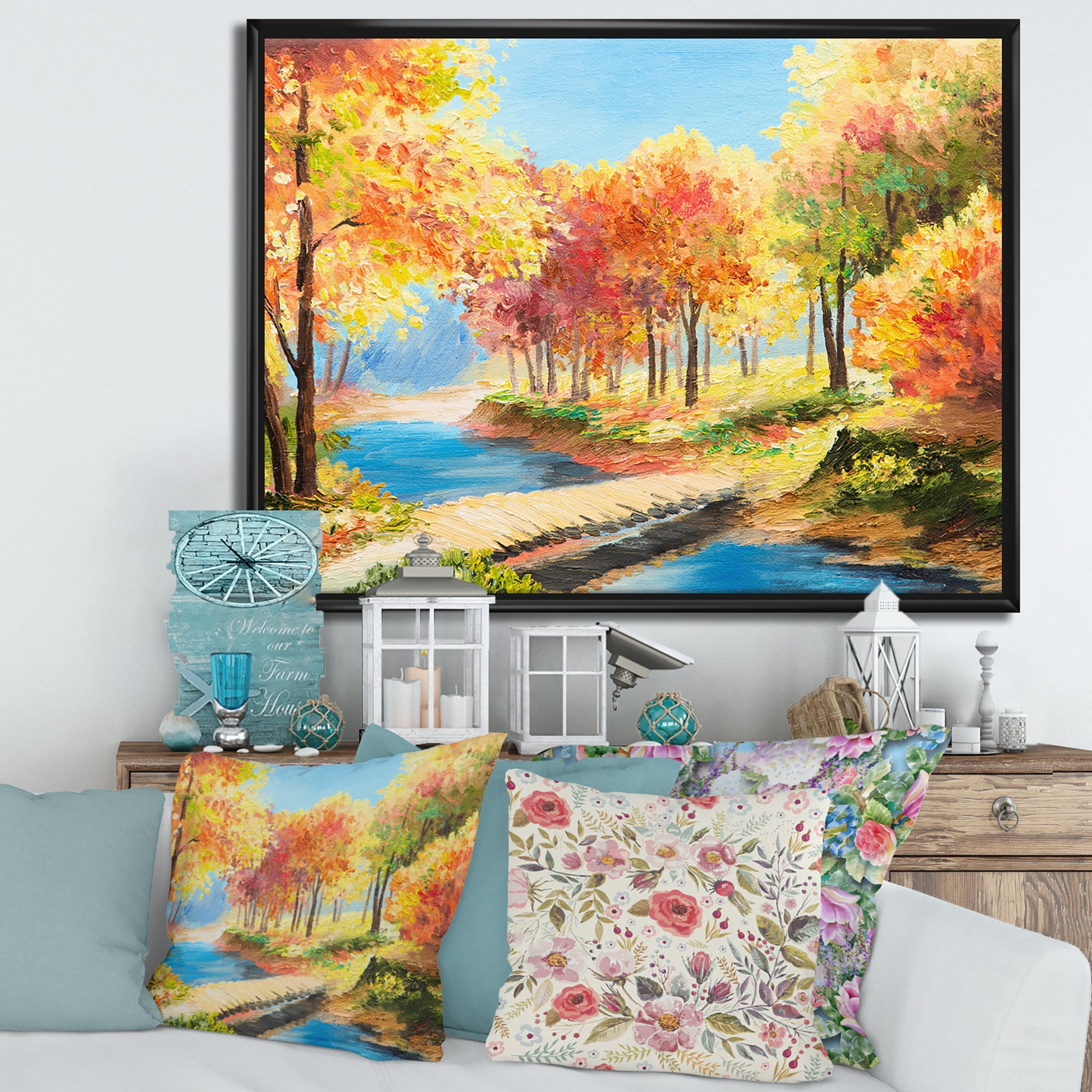 Designart 'Orange and Yellow Trees By The Riverside' Lake House Framed Canvas Wall Art Print