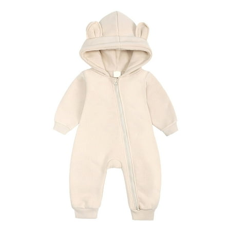 

YWLINK Toddler Kids Boys Girls Romper Soft Zipper Long Sleeve Bear Ears Hooded Bodysuit Solid Color Thermal Thick Jumpsuit