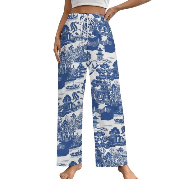 Blue Willow Chinoiserie Blue And White Porcelain Inspiration Pajama Pants Comfortable Elastic Waist Pajamas Fashion Sleepwear Bottoms Plus Size Homewear