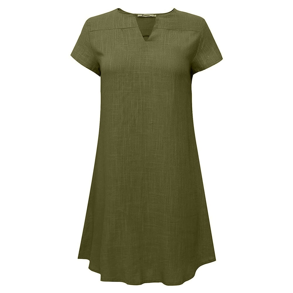 QLEICOM Women Summer Casual Dresses, Solid Cotton Linen Short Sleeve V ...