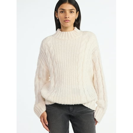 Scoop Women’s Oversized Cable Knit Sweater, Midweight, Size XS-XXL