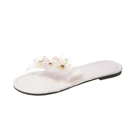 

Dpityserensio Women s Summer Casual Slippers Fashion Rhinestone Flower Decoration Beach Flat Slippers White 7.5(40)