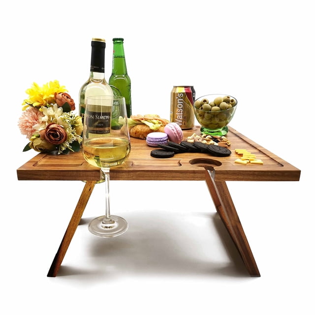 Mesa de pícnic SASIDO, bandeja de vino portátil, de madera de acacia, plegable