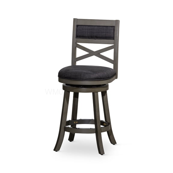 Weathered Gray Counter Stool with Swivel Base and Charcoal Upholstery, 24 Inch Height
