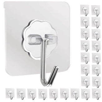 BAIEUEJO 20-Pack Transparent Adhesive Hooks - No Drill Wall Hooks, Holds 20kg, For Bathroom & Kitchen