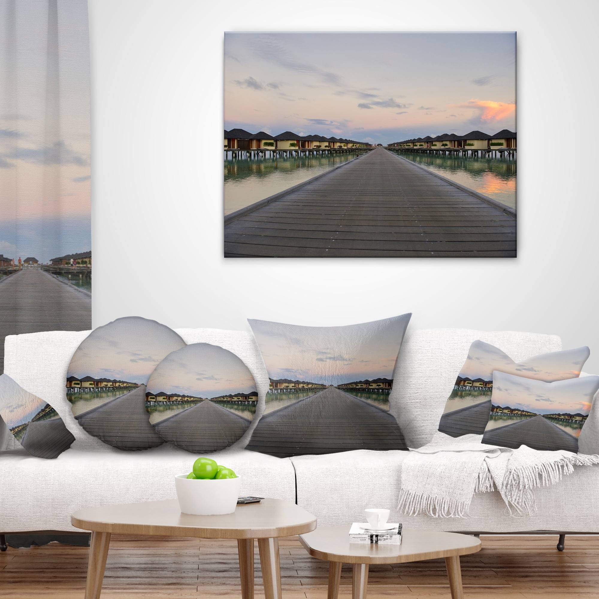 Designart Wooden Bridge to Water Home Villas - Wooden Sea Bridge Throw Pillow - 12x20