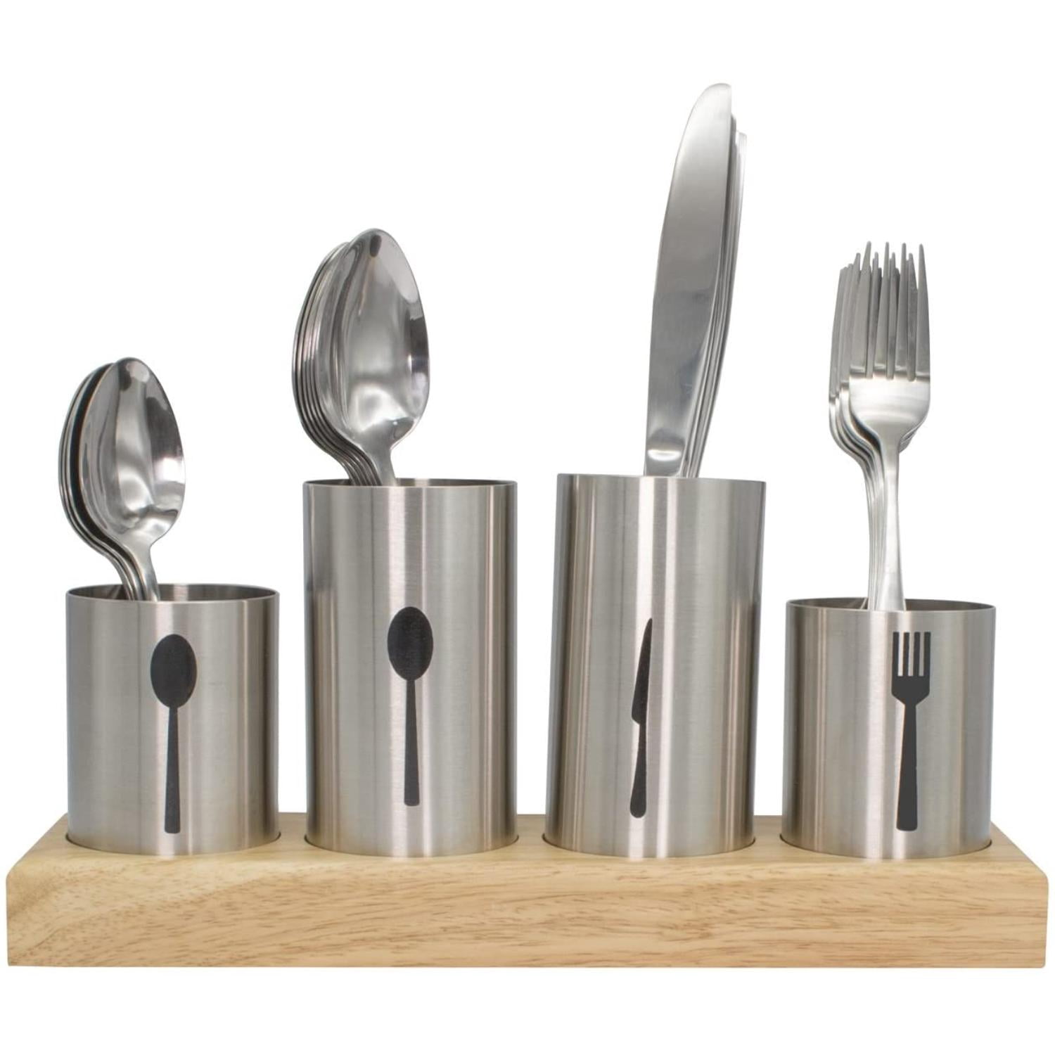 Sorbus Stainless Steel Utensil Holder with Bamboo Base, Silverware Organizer Caddy