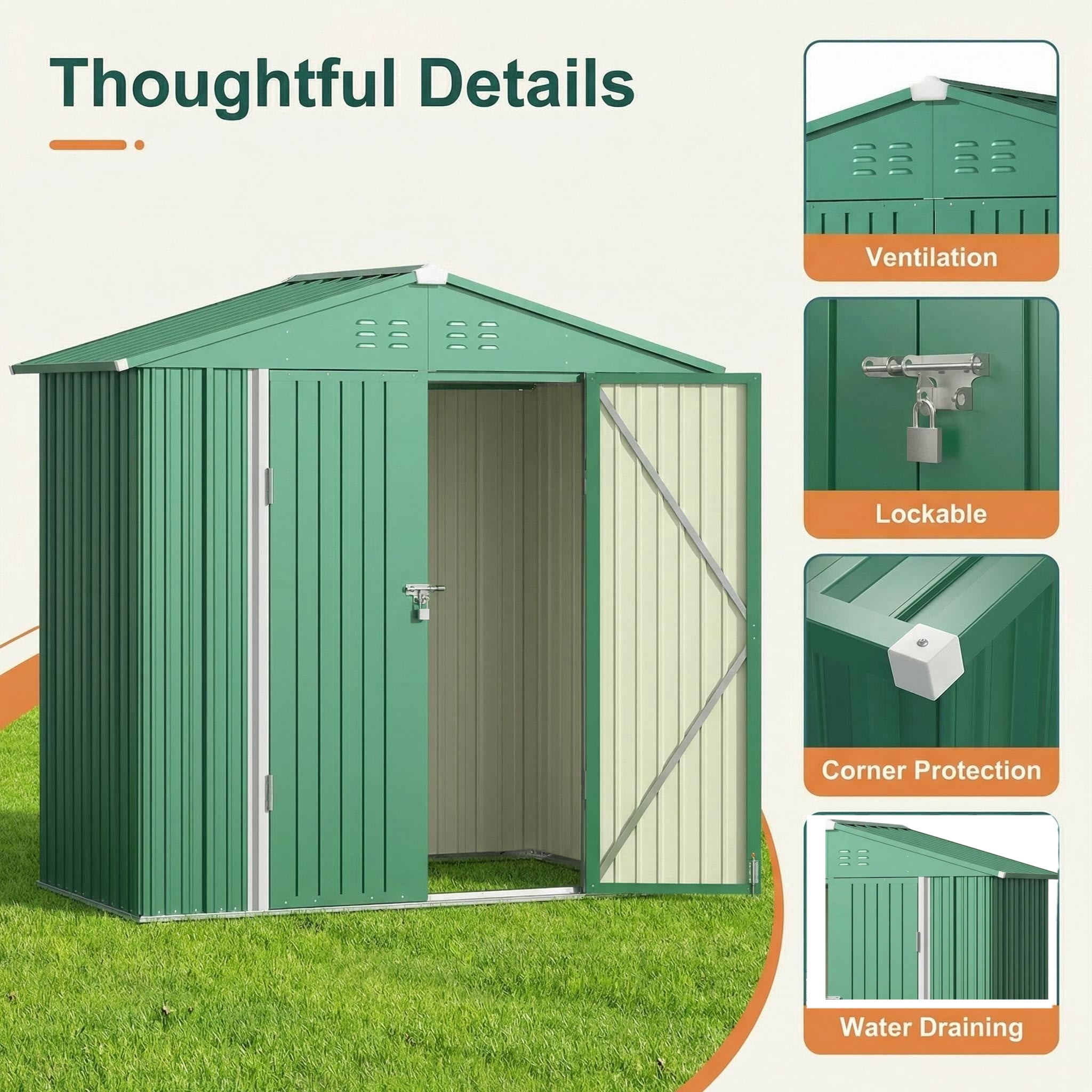 Storage Shed, Lofka 8x6 FT All-Weather Metal Shed with Lockable Doors, Waterproof & Rust-Resistant for Outdoors, Green