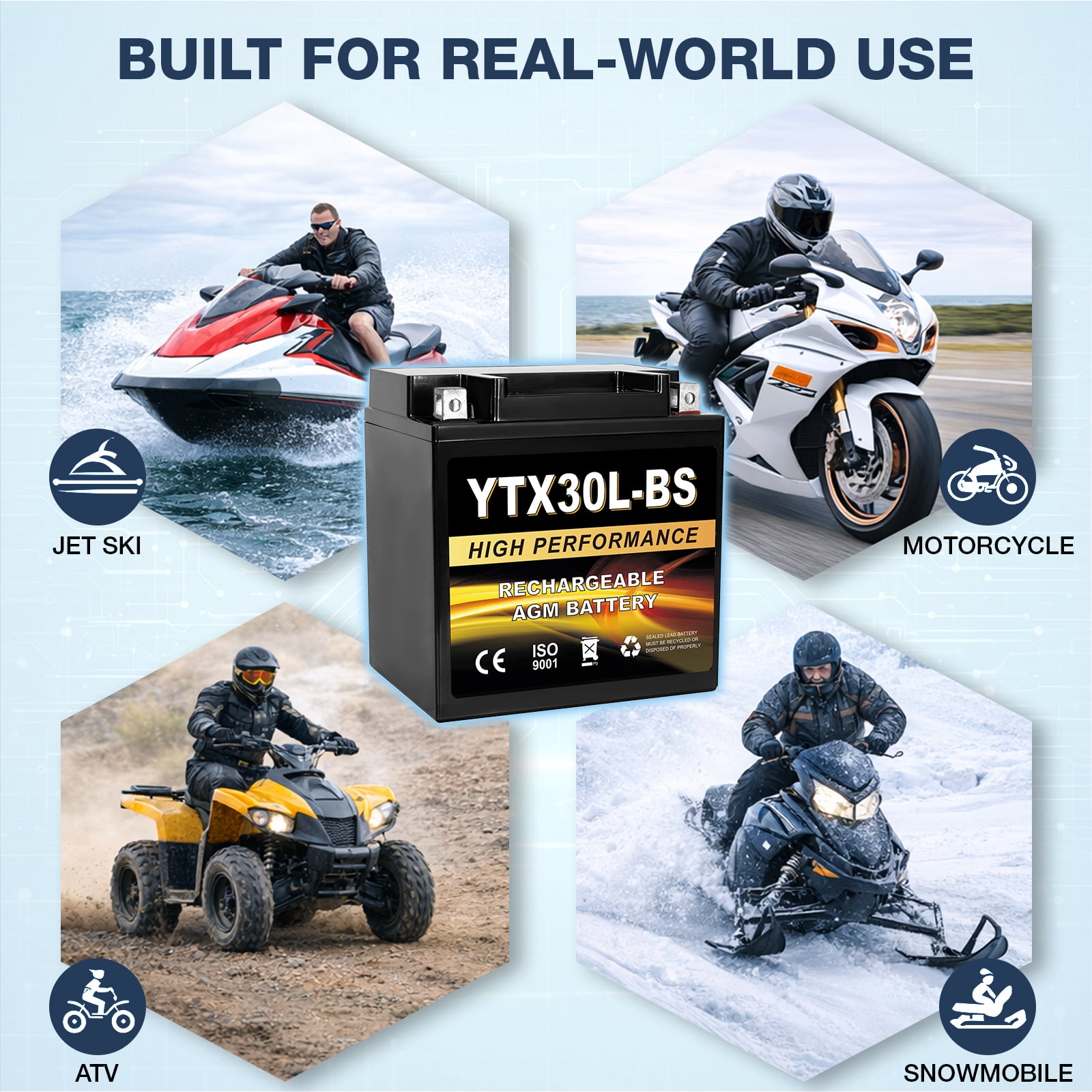 Anlibatt YTX30L-BS Motorcycle Battery 12V 30Ah 400CCA Rechargeable Sealed Batteries Powersport Replacement for ATV, Scooter, Jet ski, Dirt Bike