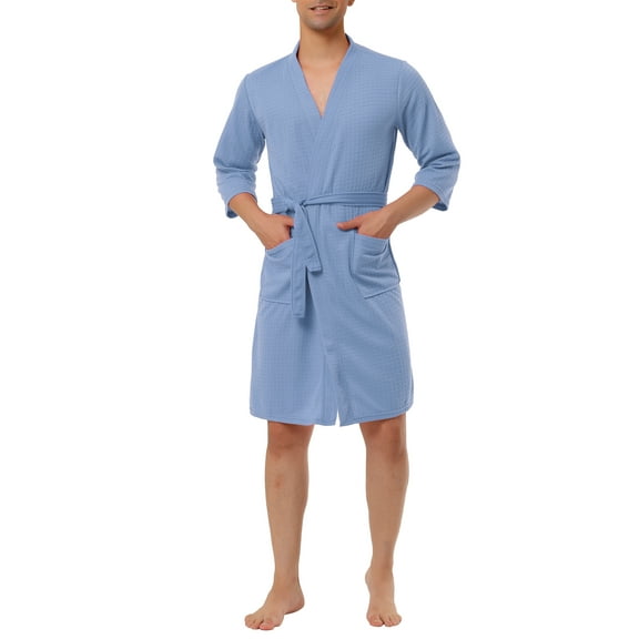 Lars Amadeus Men's Waffle Spa Robe Solid Color Sleepwear Long Sleeves Bathrobe