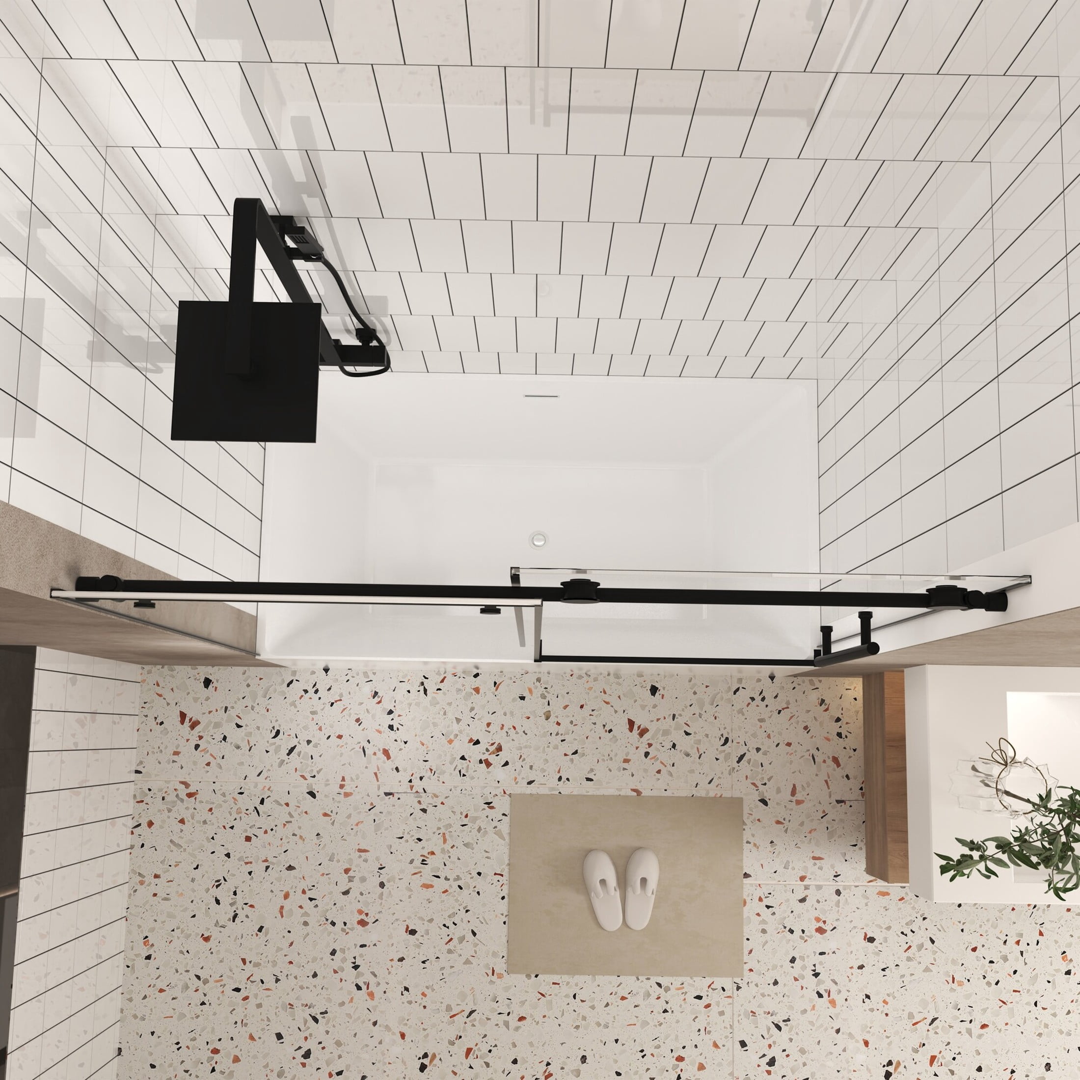 Noble House 60"x60" Frameless Sliding Shower Door, Tempered Glass with Stainless Steel Handle, Matte Black