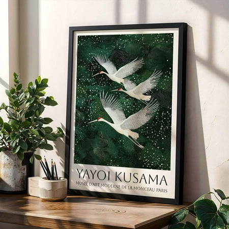 Yayoi Kusama Inspired Japanese Crane Print Poster Blue and Gold Poster Modern Asian Wall Decor Elegant Ocean Sky Print Poster Artwork, Size 8x12 UNFFRAMED F03.1.6l1661