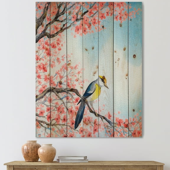Designart 'Beautiful Red Bird Sitting On Flowering Branch I' Traditional Print on Natural Pine Wood