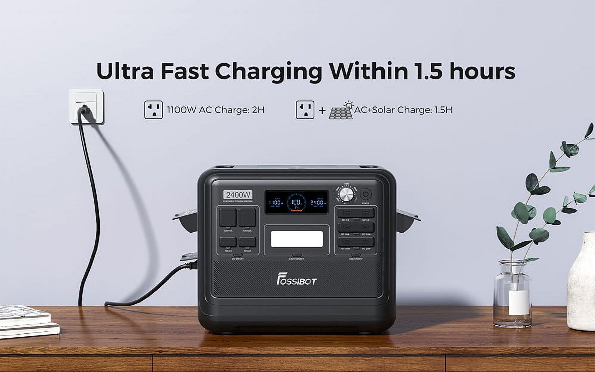FOSSiBOT F2400 Portable Power Station, 2048Wh LiFePO4 Battery 2400W Output Solar Generator, 16 Output Ports - Black