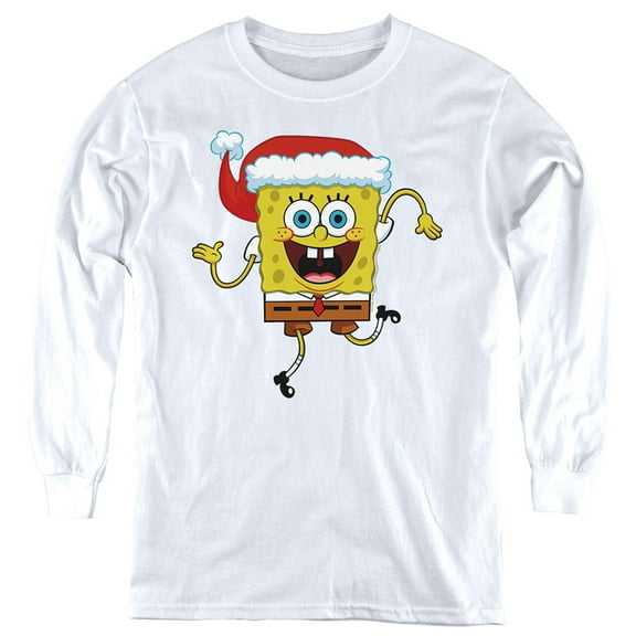 Spongebob Squarepants Christmas Santa Hat Kids Long Sleeve T-Shirt for Youth Boys and Girls