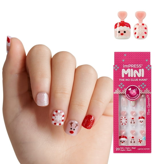 KISS imPRESS MINI Holiday Press On Nails, ‘Snow Angel’, Red, Kids Squoval, 20 Count
