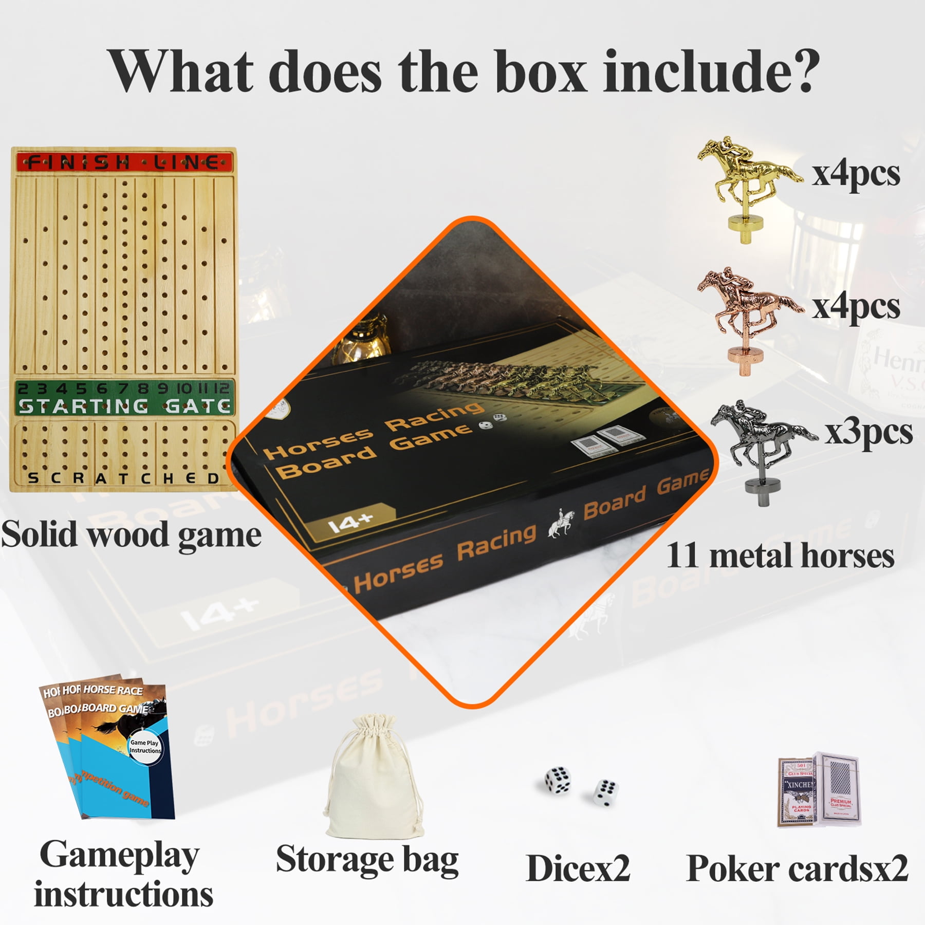 Grhonior Horse Race Board Game Dice Game Rectangle Thickened Solid Wood with 11 Metal Horses and 4 Dice 15.6 x 10 x 0.6 Inch