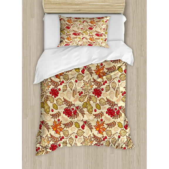 Ambesonne Rowan Duvet Cover Set, Fall Themed Mixed Pattern, Twin, Multicolor