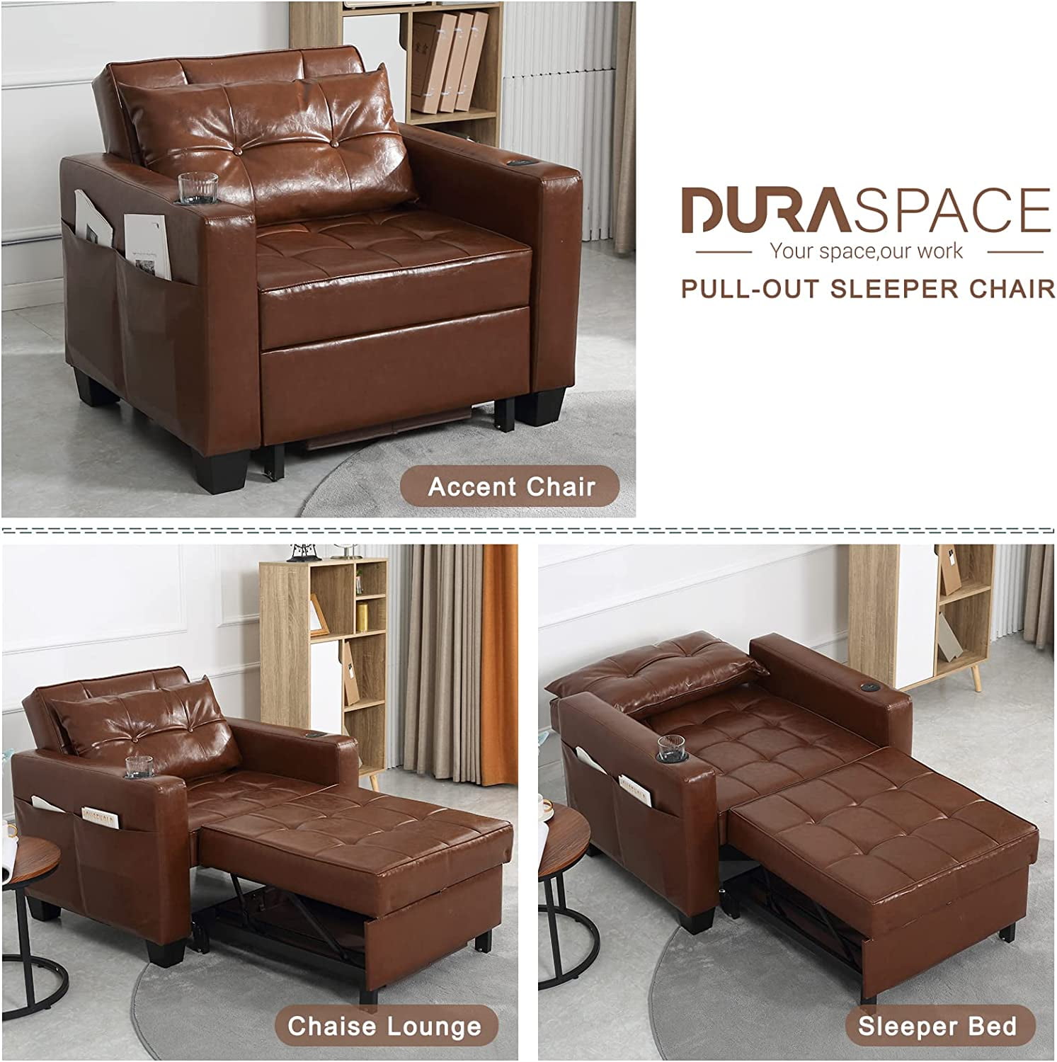 DURASPACE Sofa Bed with USB Ports, Cup Holder, Side Pocket, Storage