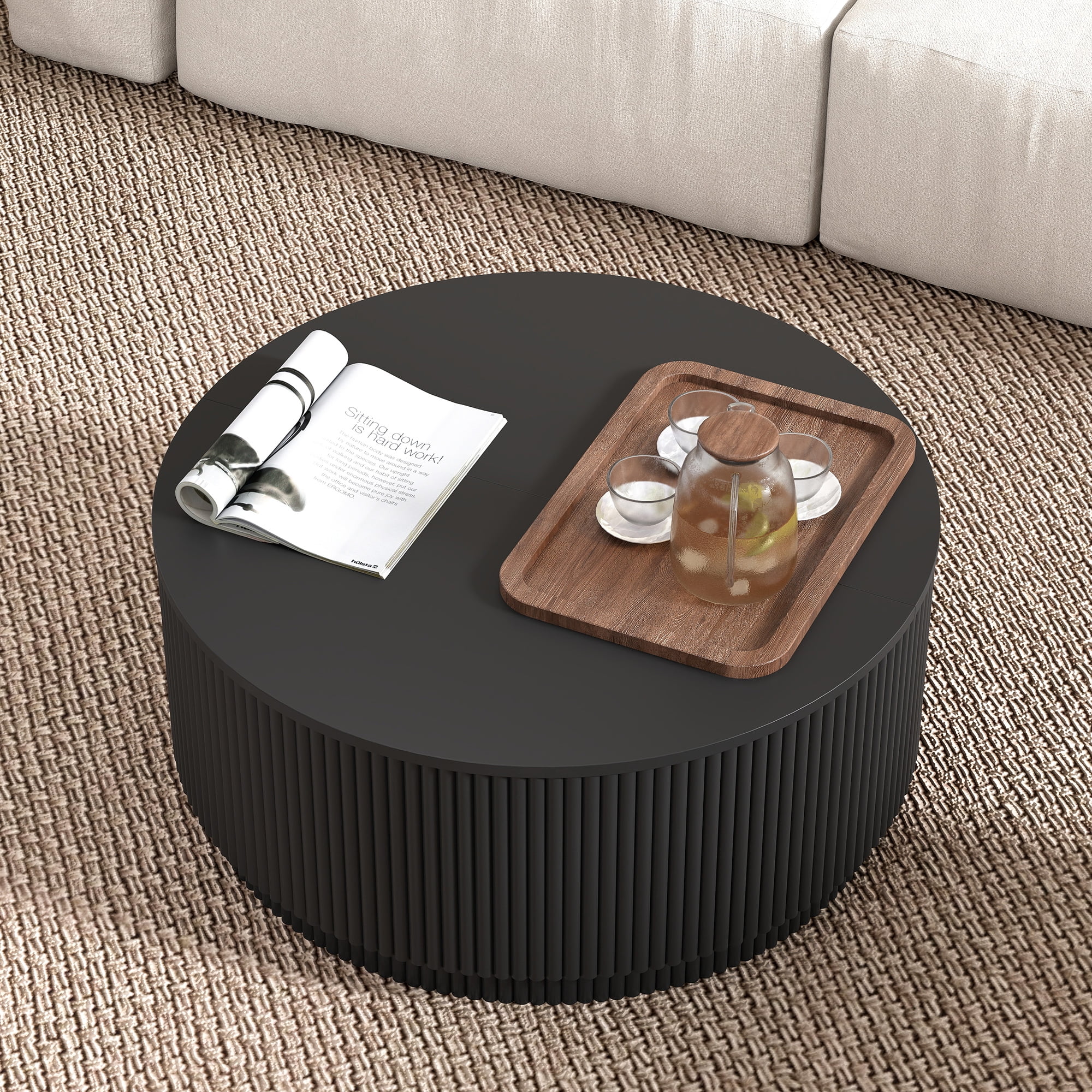PHOYAL 31.5" Fluted Round Coffee Table with Flip Top and Hidden Compartments Storage for Living Room, Black