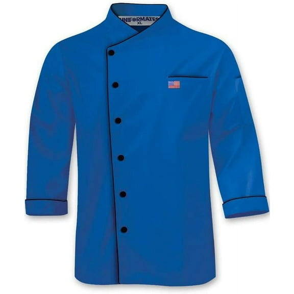 American Flag Embroidery Personalised Unisex Long Sleeve Ocean Blue Color Chef Coat Uniform Jacket for Food Service and Bakers Size XS