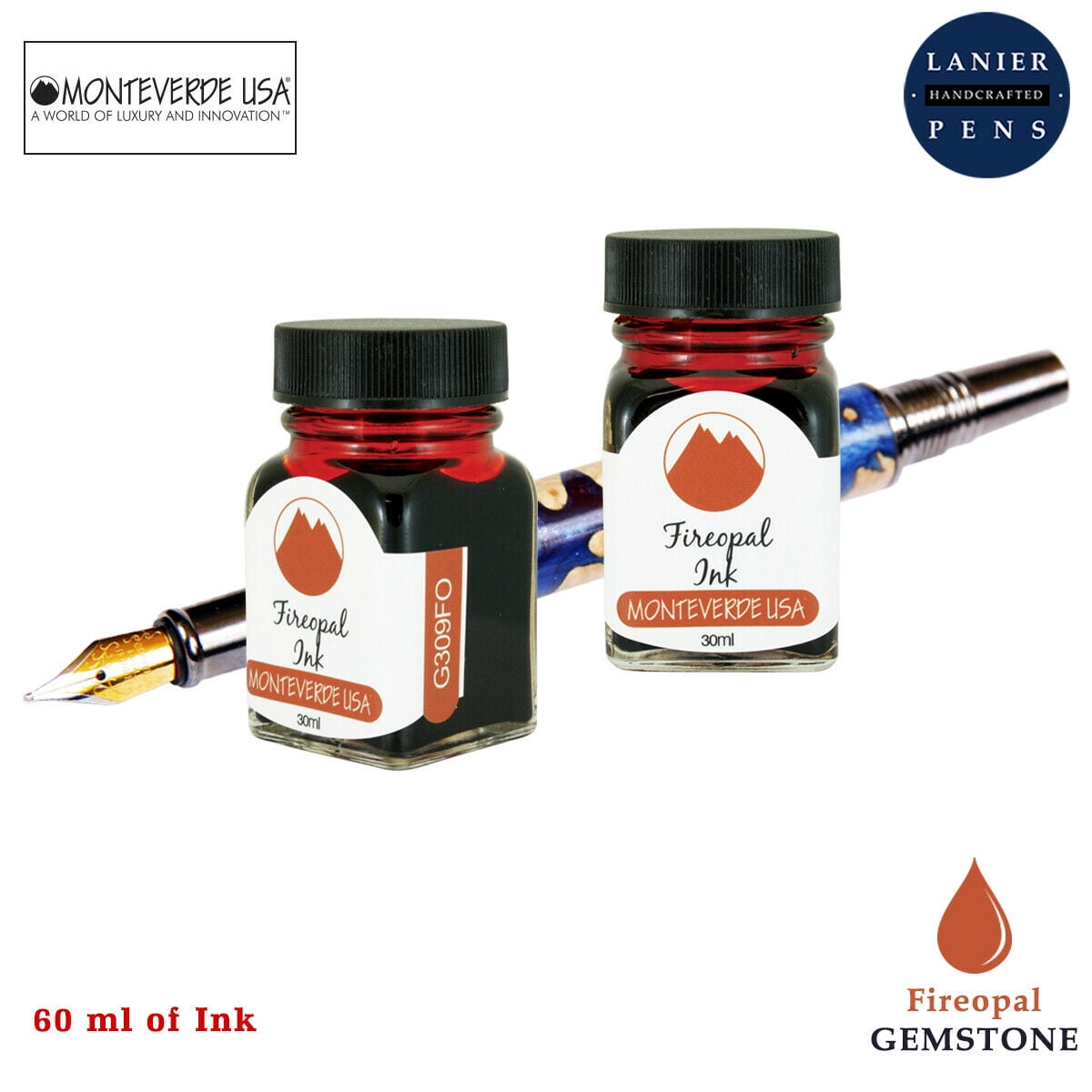 Monteverde 60ml Gemstone Fountain Pen Ink Bottle (30ml Fireopal G309FO Ink Bottle - Pack of 2)