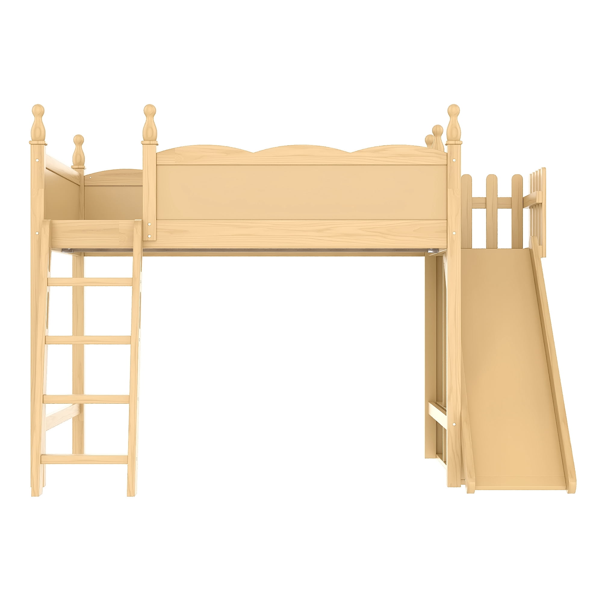 Leumius Full Loft Bed Frame with Storage Shelves and Wardrobe, Solid Wood Loft Bed with Detachable Slide and Ladders for Kids Teens Adults Natural