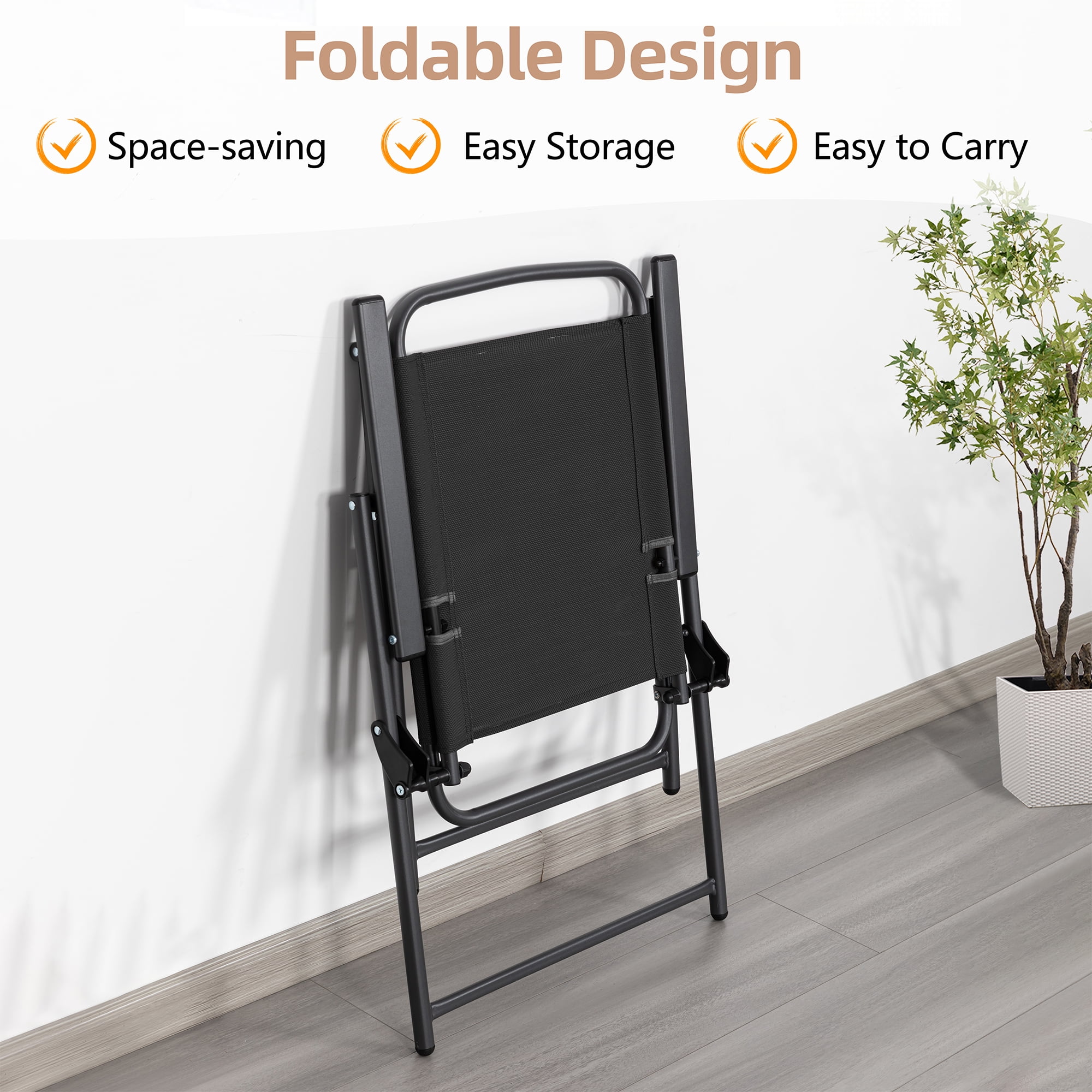 Walsunny 6 Piece Patio Furniture Set with Umbrella, Outdoor Patio Dining Set with 4 Folding Chairs and Tempered Glass Dining Table, Black