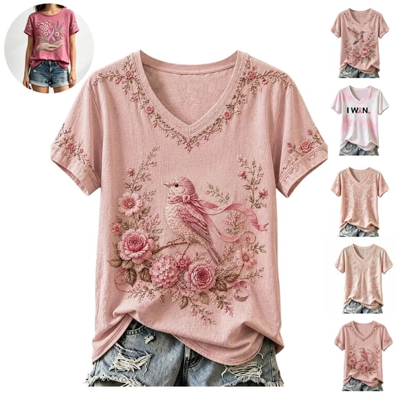 Mfakffe Breast Cancer Shirts for Women Breast Cancer Awareness Crew Neck Short Sleeve T-Shirt Floral Pink Ribbon Embroidery Print Casual Loose Tee