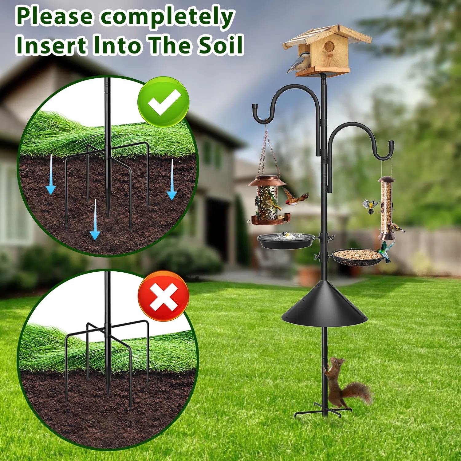 Teblint 92" Bird Feeding Station, Heavy Duty Bird Feeder Pole Bird House Stand Mount Kit w/ Squirrel Proof Baffle 2 Shepherds Hooks, Adjustable Feeder Stand for Outdoor Wild Birds Watching