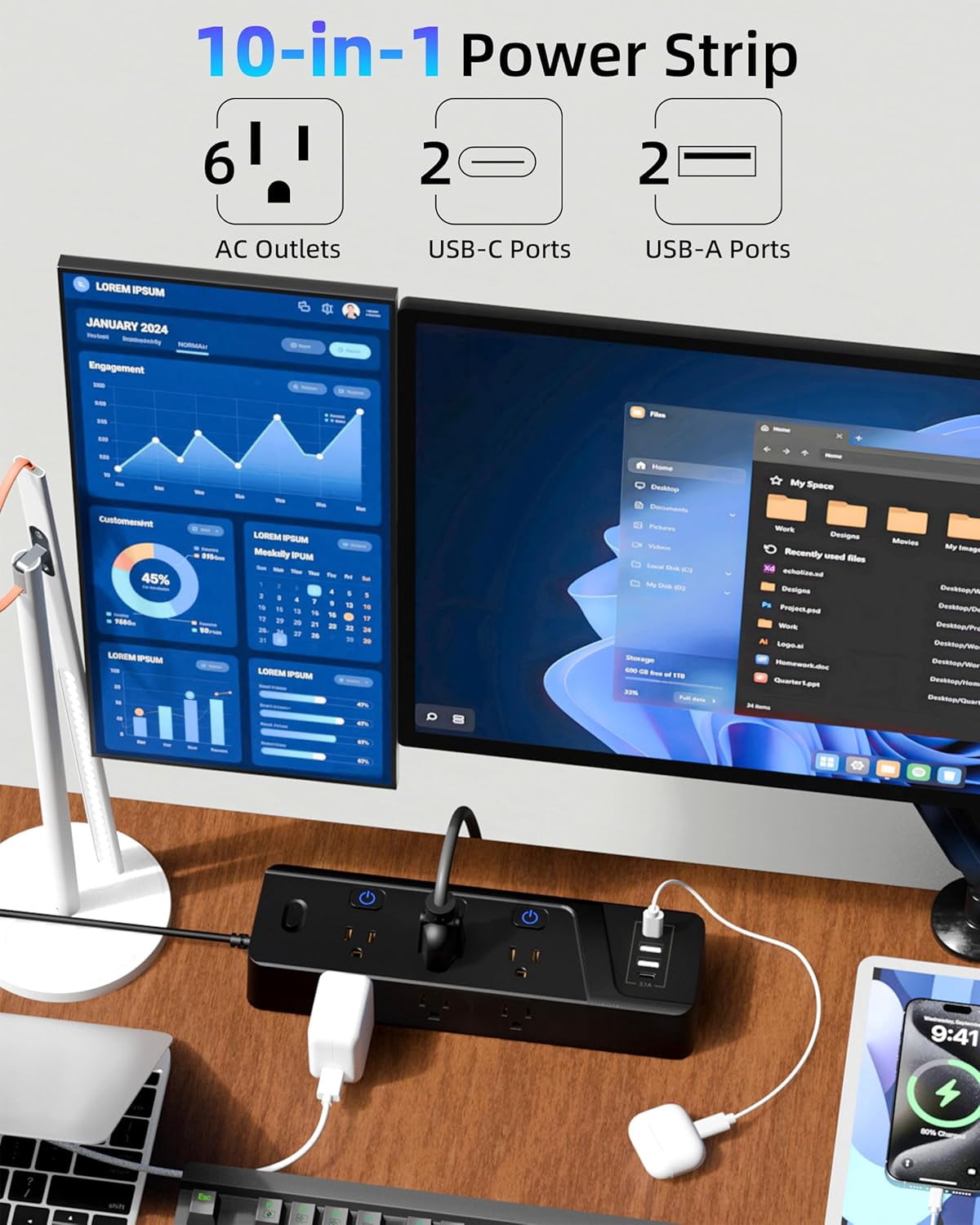 Surge Protector Power Strip with Individual Switches, 6 Wide Spaced Outlet 4 USB Ports (2 USB C), 6 ft Extension Cord with Switch On/Off, 3 Prong Flat Plug, Wall Mount for Travel Home Office (Black)