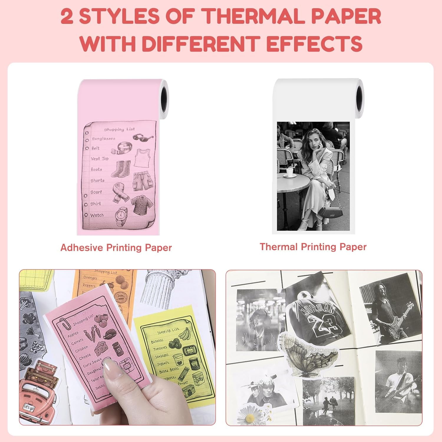 Wiher Mini Thermal Printer, Small Bluetooth Printer for IOS & Android Phone, Pocket Study Printer with AI Painting Function &13 Rolls Paper for Photo Journal Notes Memo(Pink)