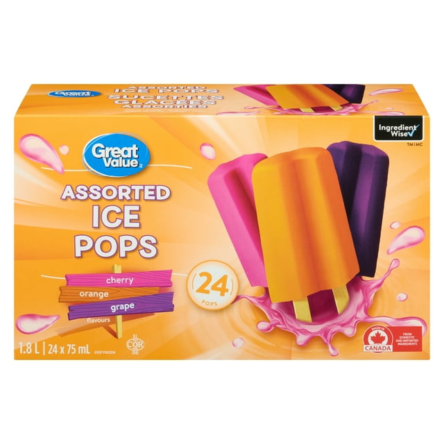 Great Value Assorted Ice Pops Packaged in a Box, 24 x 75 mL (1.8L)