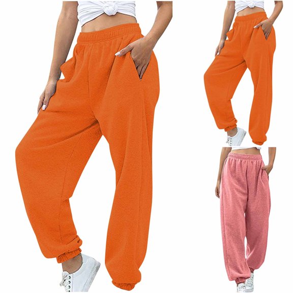PXLKNZH Cinch Bottom Sweatpants 2024,Women's Solid Casual High Waisted Pockets Joggers Pants Sport Workout Active Baggy Lounge Trousers Orange,XXL