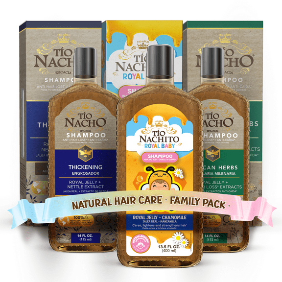 Tio Nacho Family Hair Care Bundle: Royal Baby Hair and Body Shampoo, Mexican Herbs Shampoo, Anti Hair Loss Thickening Volume Filler Shampoo with Royal Jelly & Rosemary, 14 oz each