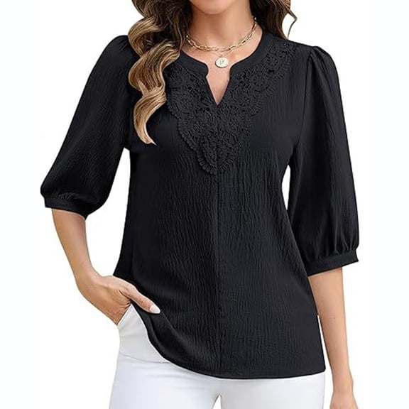 Women Dressy Casual Blouses Business Tops Short Sleeve V Neck Work Shirts Summer Outfits 2026 Black L