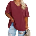 thumbnail image 2 of vigerkar Women's V Neck T Shirts Summer Half Sleeve Tees Casual Loose Fit Cotton Tunic Tops Brick Red, L, 2 of 4