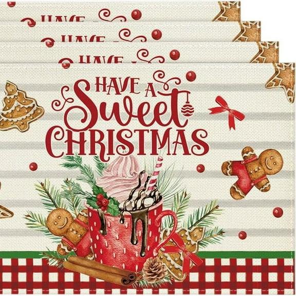 Ice Cream Gingerbread Sweet Christmas Placemats Set of 4, 12x18 Inch Seasonal Winter Christmas Table Mats for Party Kitchen Dining Decoration