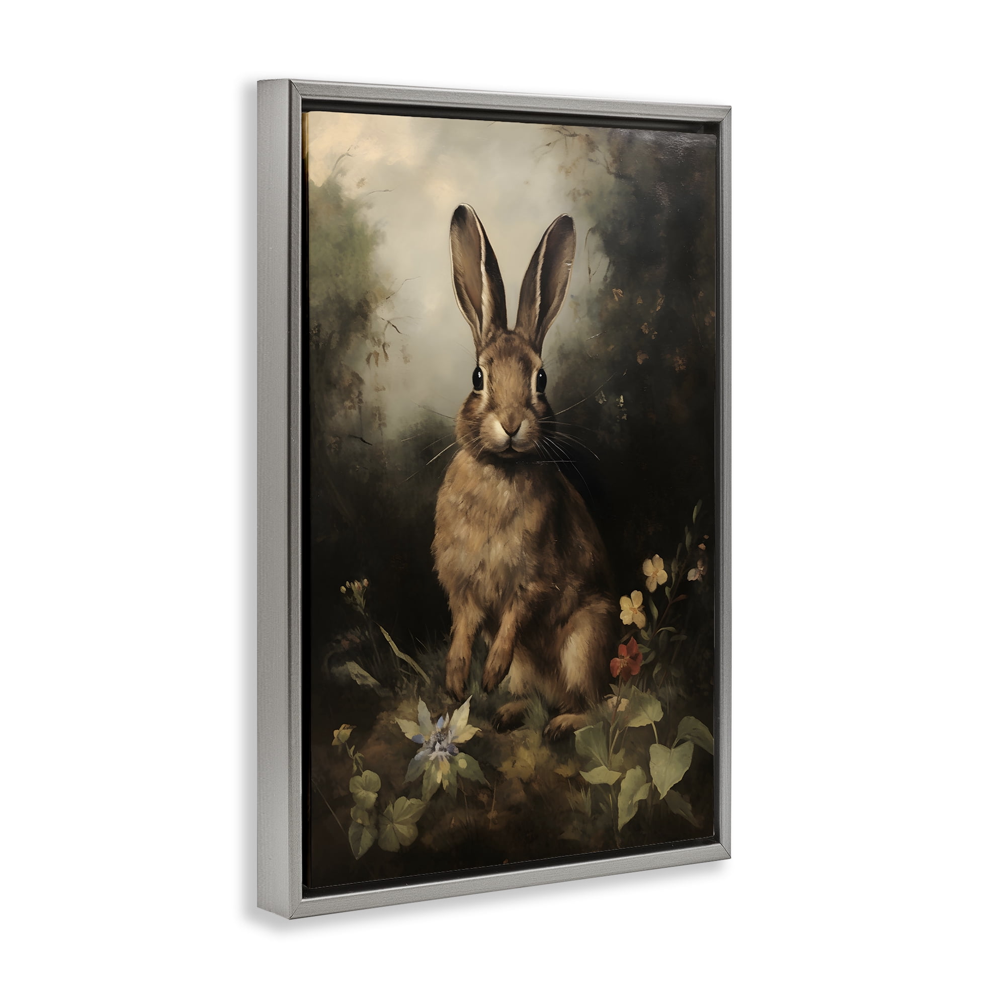 Stupell Industries Bunny in Nature Animals & Insects Painting Gray Floater Framed Canvas Art Print Wall Art, 21 x 31