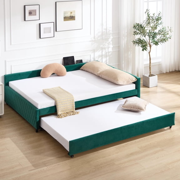 Jopath Twin Size Upholstered Daybed Frame with Trundle, USB Port, Velvet Daybed with Diamond Grid Design for Bedroom Living Room Guest Room Emerald
