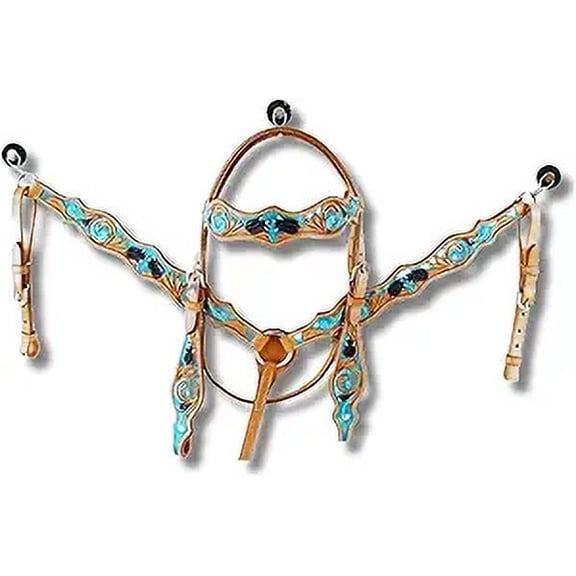 Western Premium Leather Equestrian Headstall, Breast Collar, Reins & Wither Straps - Hand-Carved Tooled Beaded Design
