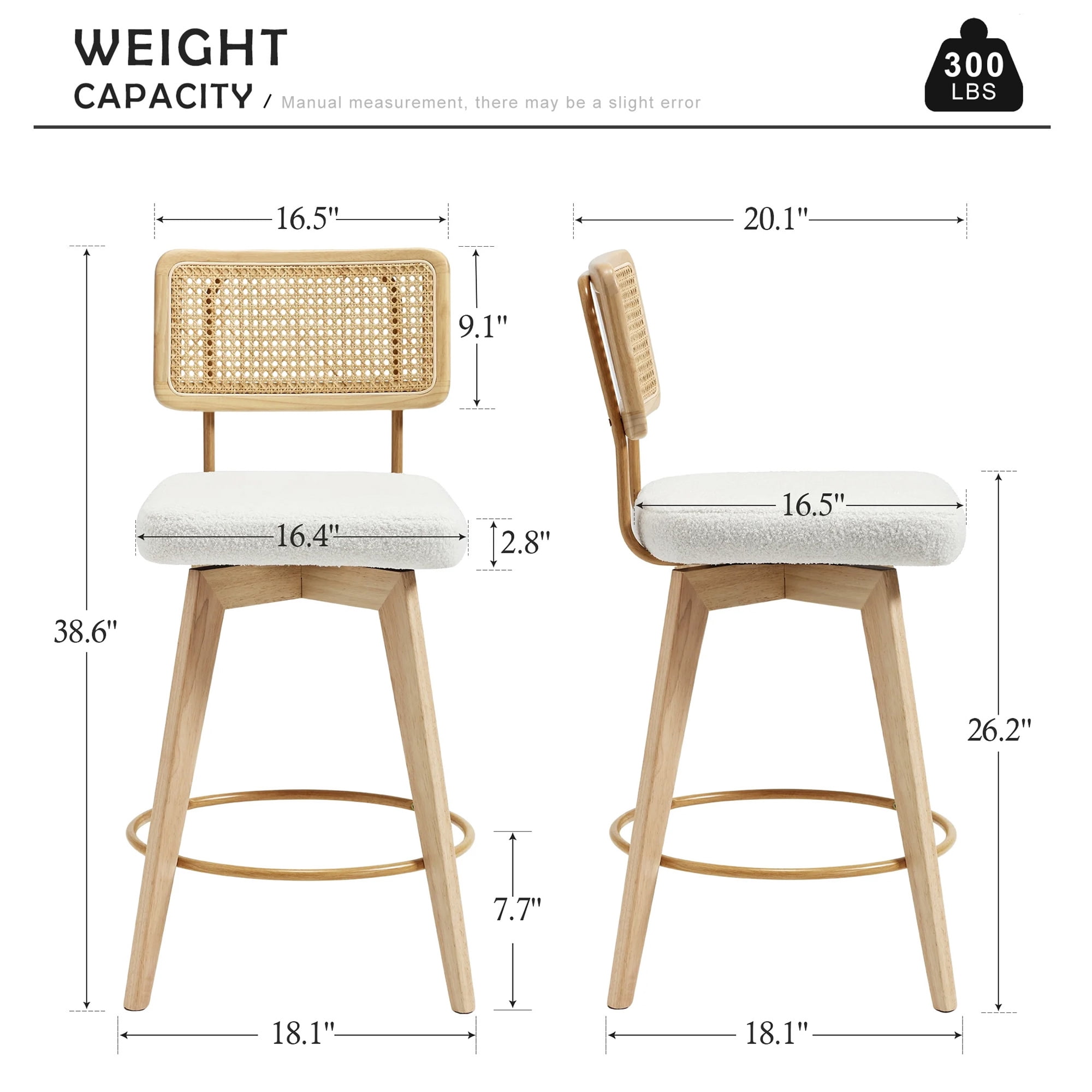 Zesthouse 26.2" Rattan Counter Stools Set of 2, Swivel Sherpa Counter Height Bar Stools with Cane Back and Wooden Legs, Mid Century Barstools for Kitchen Island, White
