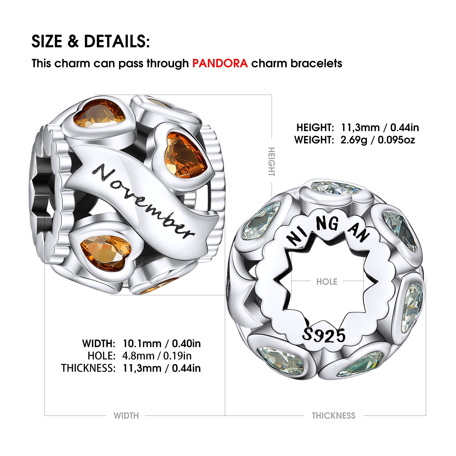 NINGAN 925 Sterling Silver January Birthstone Charms Love Heart Bead Charms for Pandora Bracelets Walmart