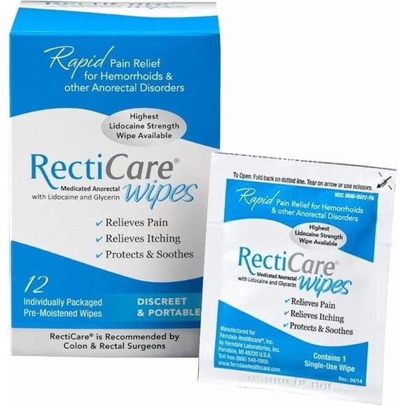RectiCare Medicated Anorectal Wipes, 5% Lidocaine, 12 Pack