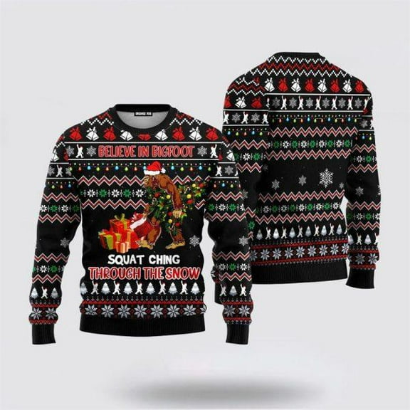 Believe In Bigfoot Squat Ugly Christmas Sweater For – Gifts For Bigfoot Lovers
