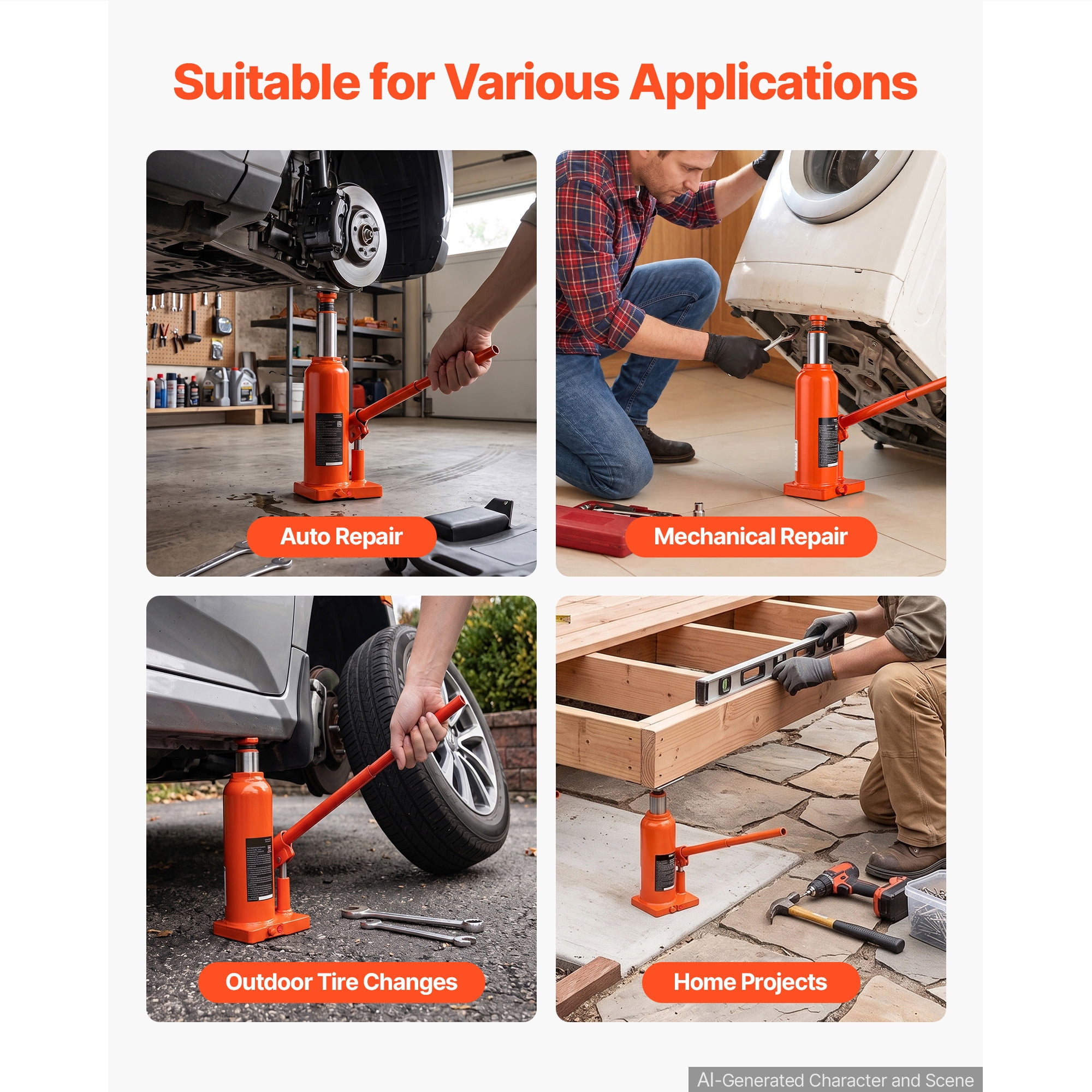 KFFKFF Hydraulic Bottle Jack 4 Ton (8818.5 lbs) with 7.64"-14.92" Lifting Range, Suitable for Midsize Sedans, SUVs, Durable Multi-Directional Jack with Carrying Case and Extended Handle