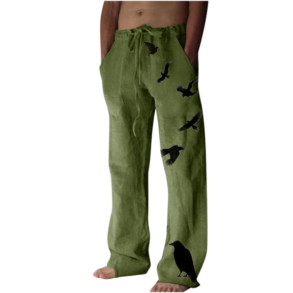 WREESH Men's Summer Beach Pants Cotton Linen Wide Leg Pants Printed Drawstring Sports Pants Casual Pants Green