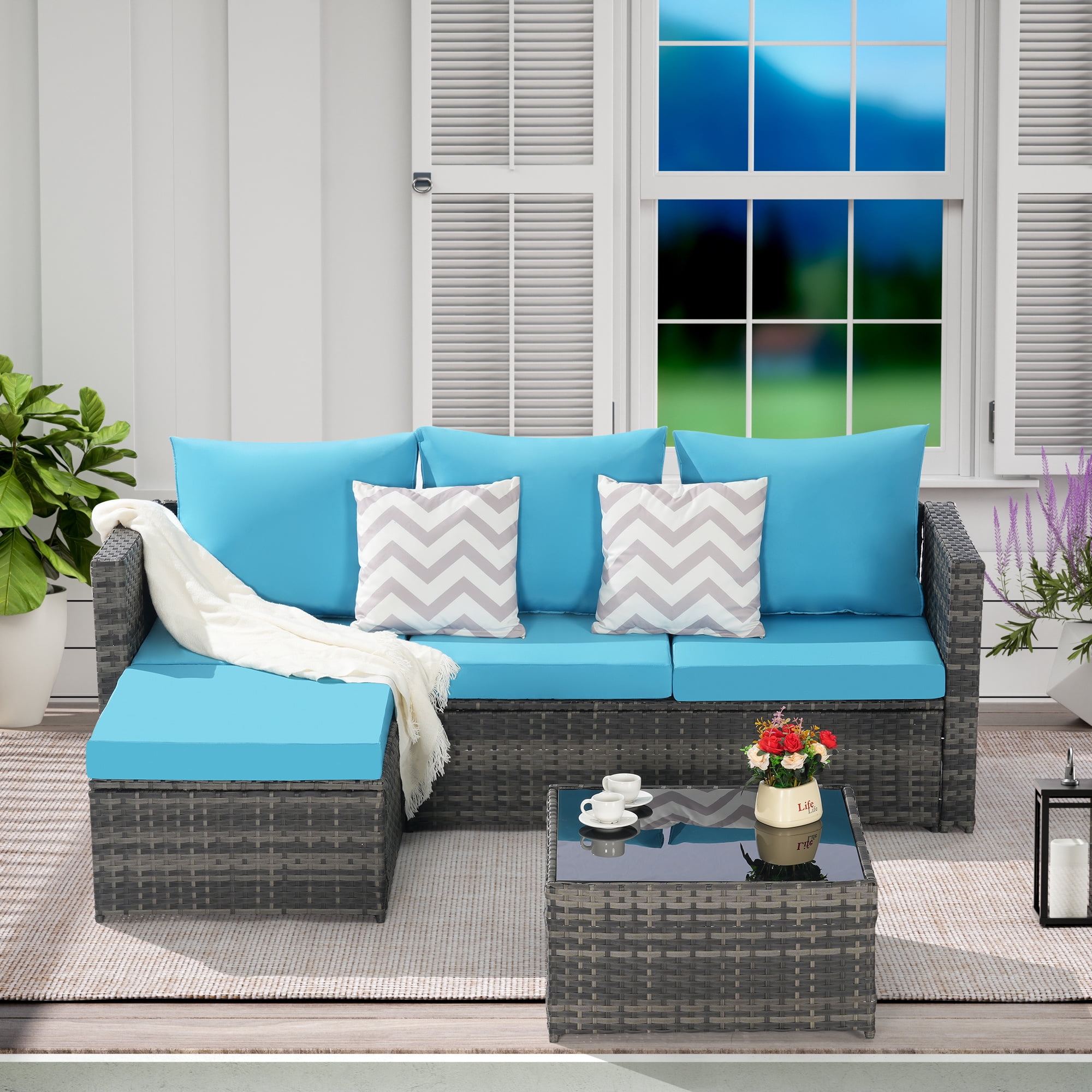 Aukfa Outdoor Patio Furniture Set - L shape Wicker Sectional Sofa with Coffee Table - Light Blue Cushions