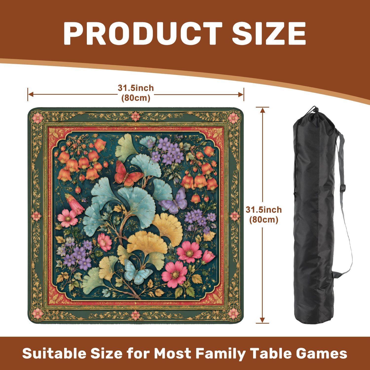 Mahjong Mat 31.5" x 31.5" Floral Botanical Ginkgo Leaves Butterflies Emerald Green Non-Slip Noise Reduction Mahjong Tiles Table Cover for Dominoes Poker Card Board and Tile Games