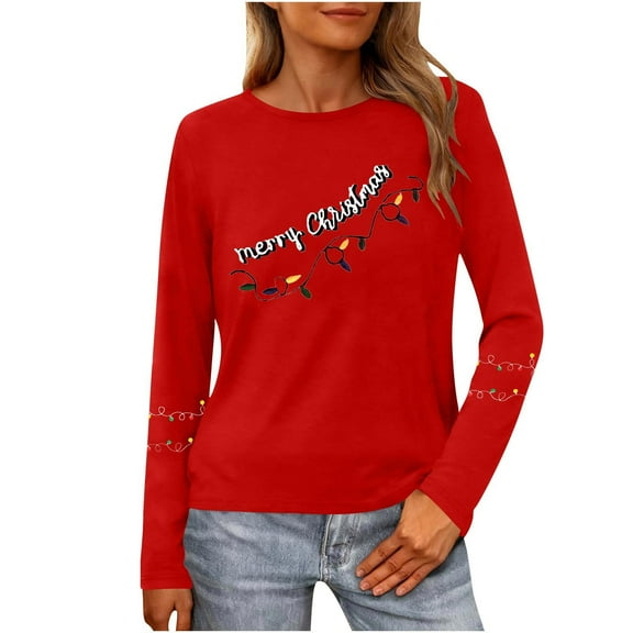 Womens Long Sleeve Merry Christmas T-Shirts Casual Merry and Graphic Tee Christmas Tree Tops